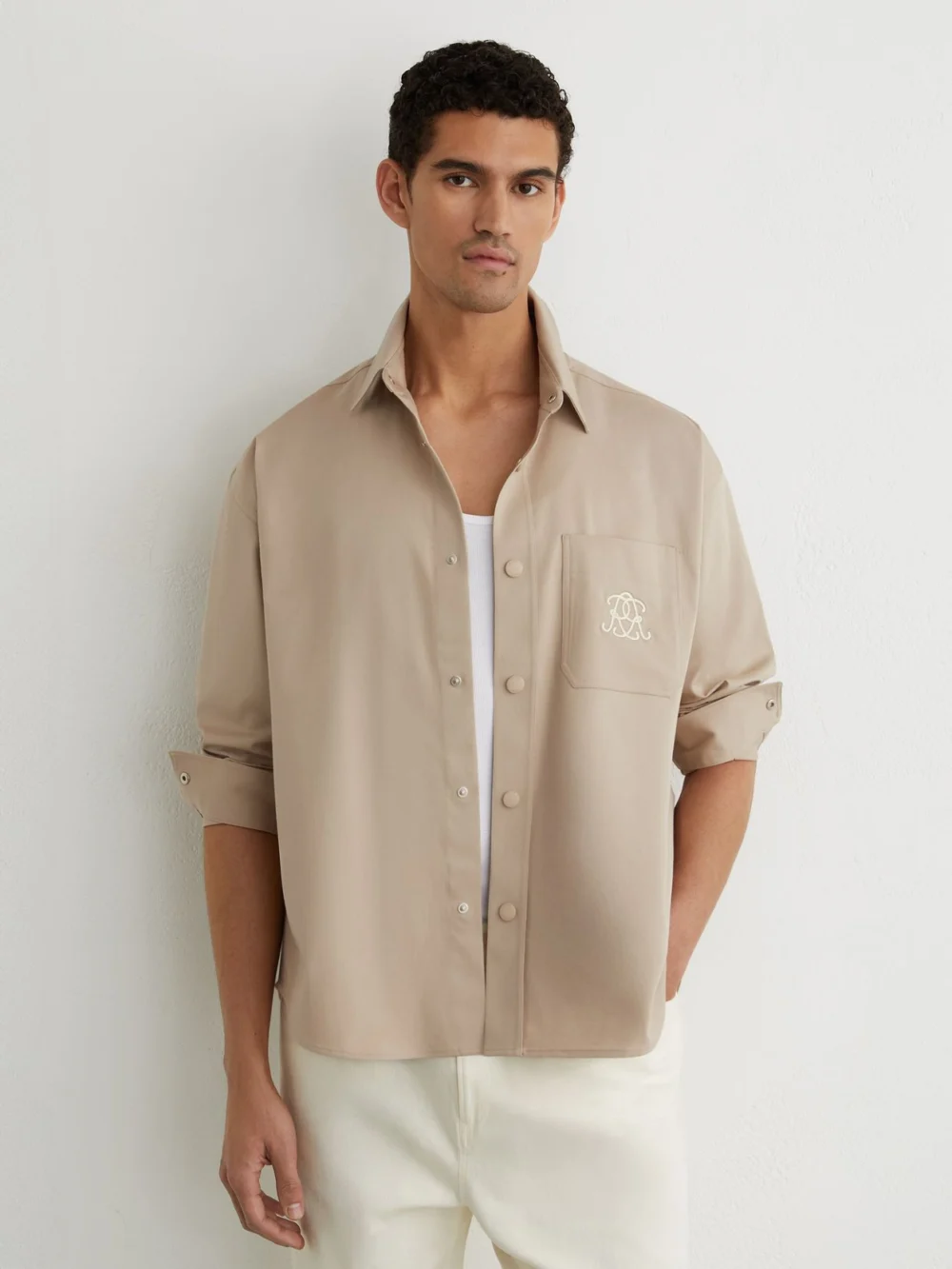 Reiss Light Stone Monogram Embroidered Relaxed Overshirt Stretch-cotton