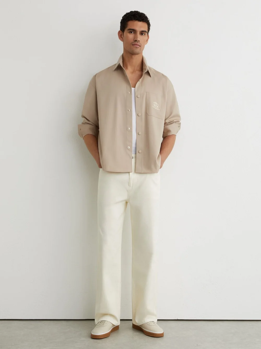 Reiss Light Stone Monogram Embroidered Relaxed Overshirt Stretch-cotton, view 3