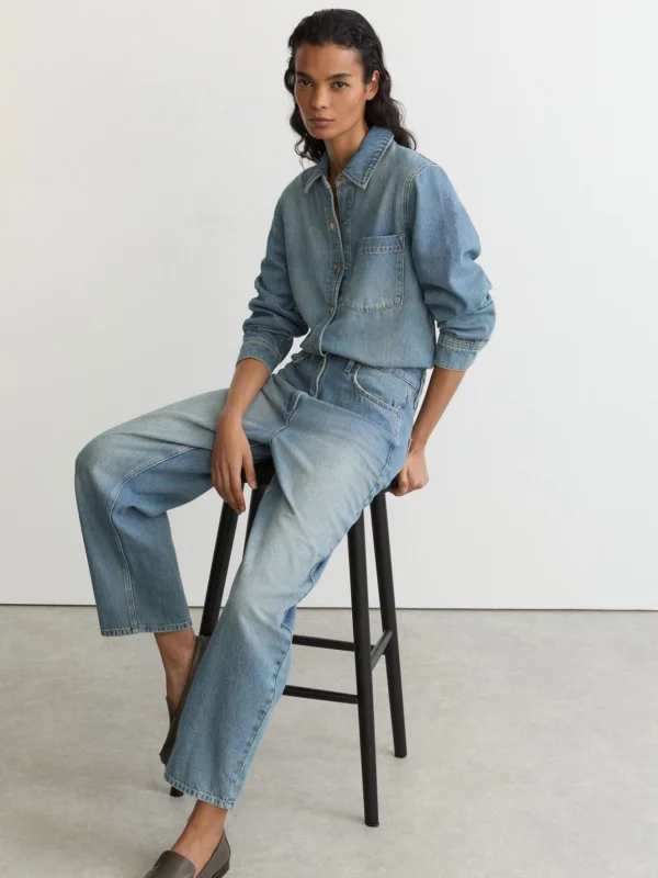 Reiss Light Wash Blue Relaxed Long-sleeve Denim Jumpsuit