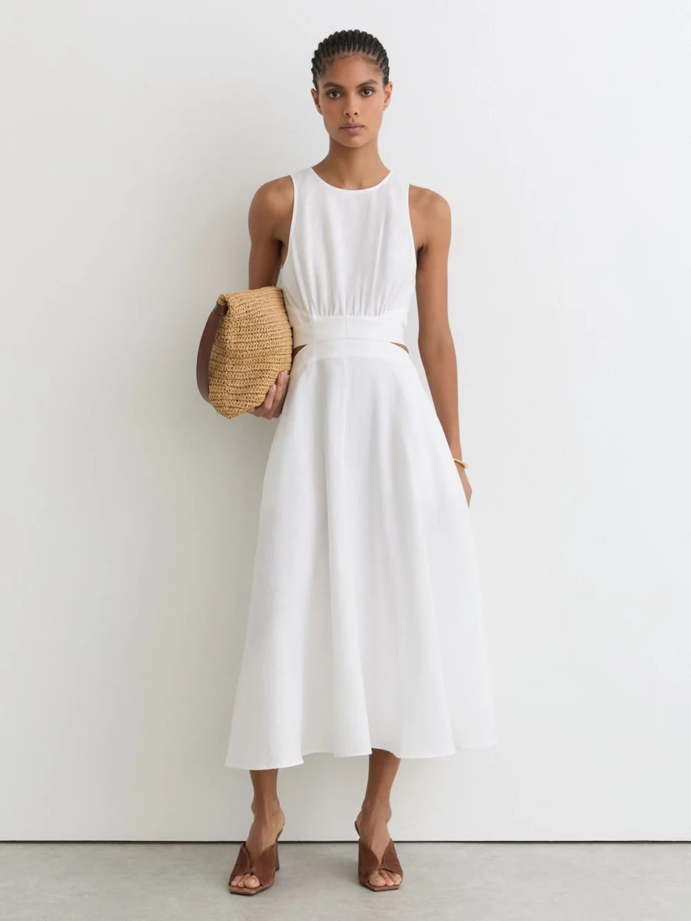Reiss Linen-cotton Cut-out Midi Dress, view 3