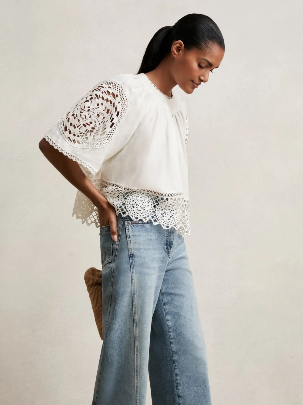 Reiss Linen Embroidered Swing Top, view 3