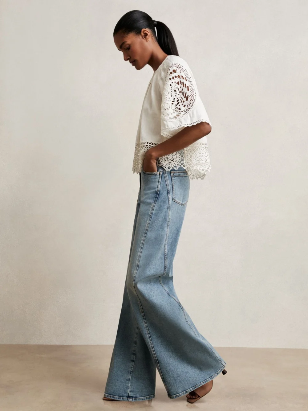 Reiss Linen Embroidered Swing Top, view 4