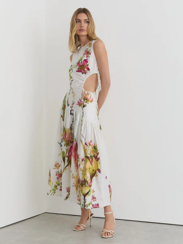 Reiss Linen Floral-print Cut-out Midi Dress