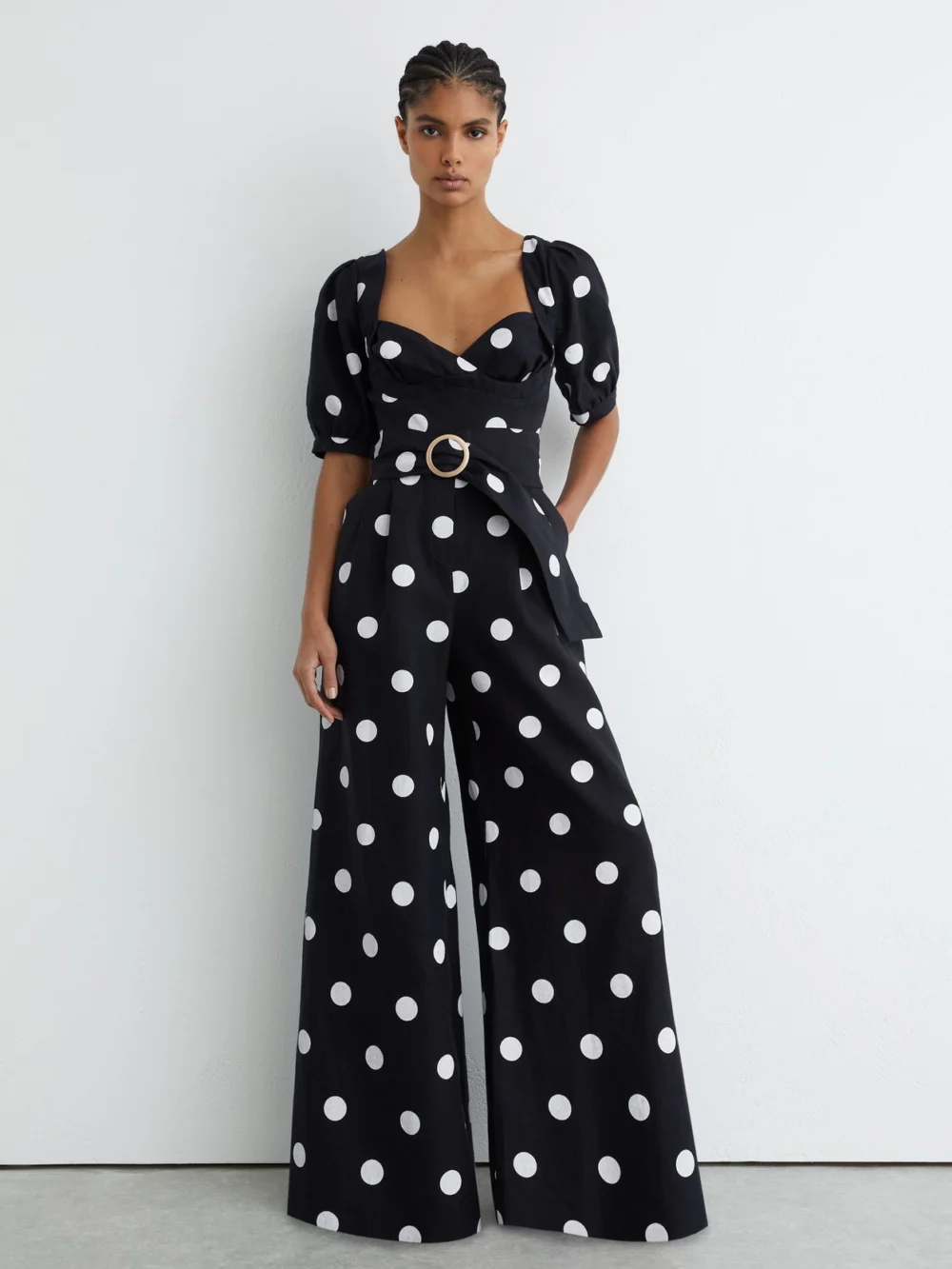 Reiss Linen Polka-dot Wide-leg Jumpsuit in navy/ivory