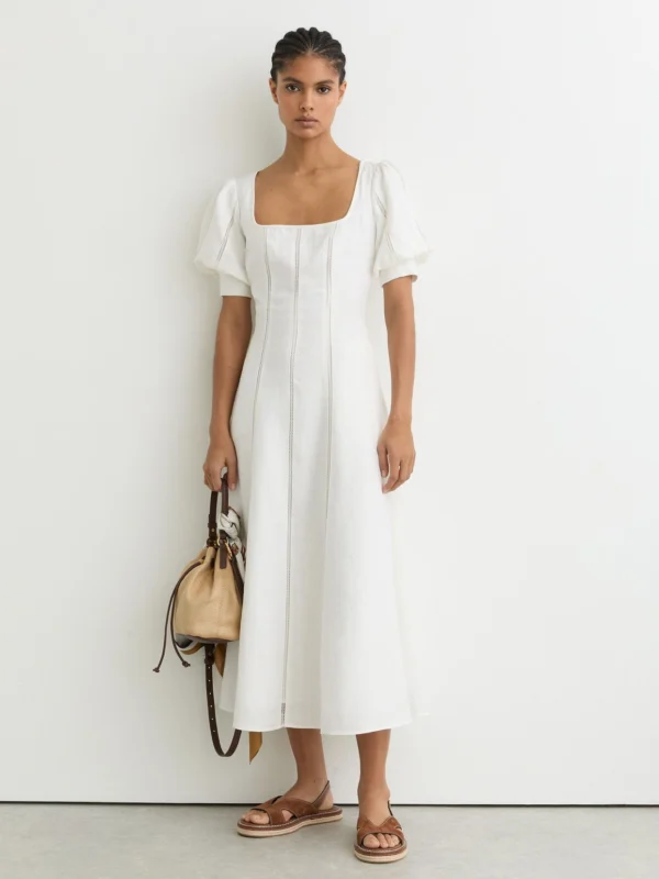 Reiss Linen Puff-sleeve Embroidered Midi Dress