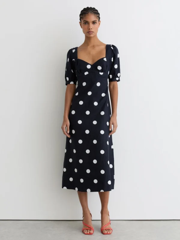 Reiss Linen Puff-sleeve Polka-dot Midi Dress