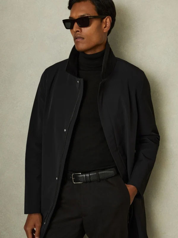 Reiss Logan Black Hybrid Removable Funnel Neck Overcoat, XL