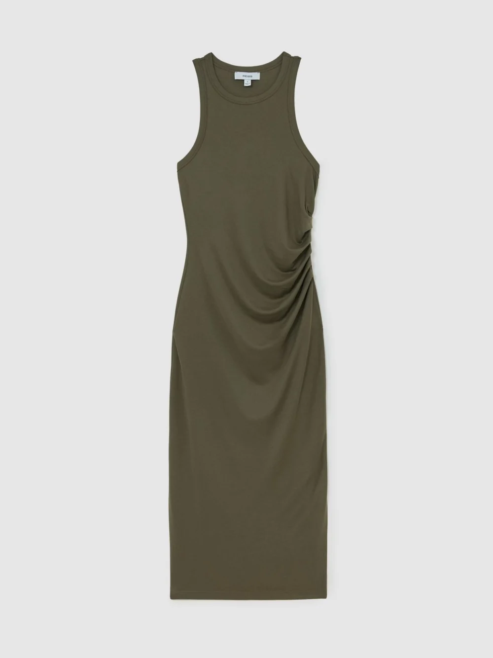 Reiss Lola Khaki Green Jersey Ruched Racer Midi Dress, view 2