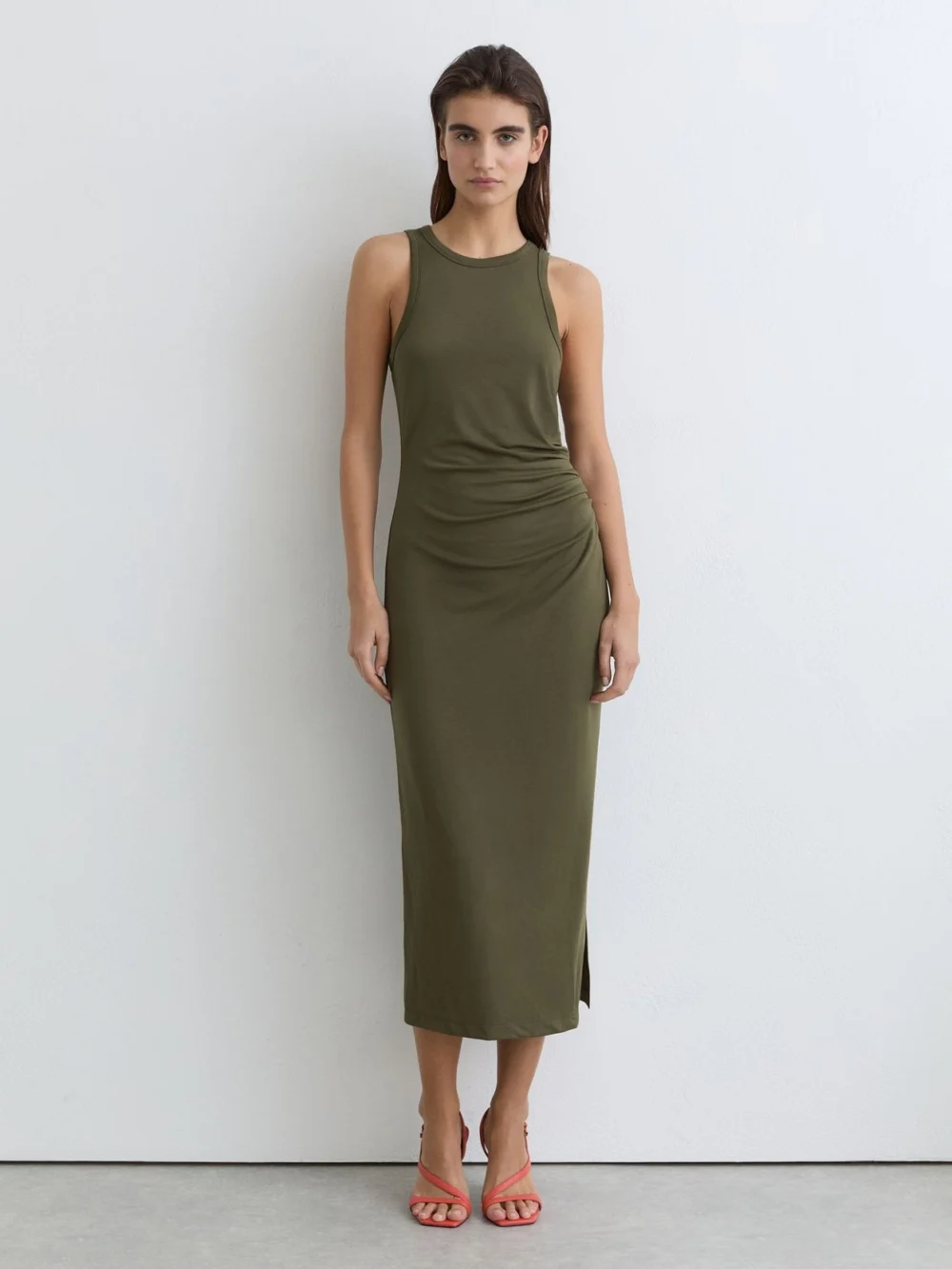 Reiss Lola Khaki Green Jersey Ruched Racer Midi Dress, view 3