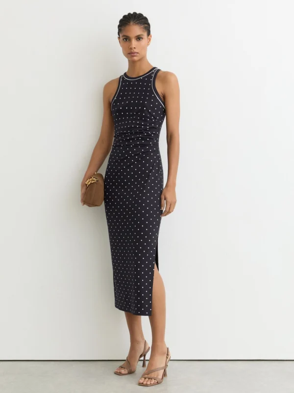 Reiss Lola Navy Polka-dot Jersey Racer Midi Dress