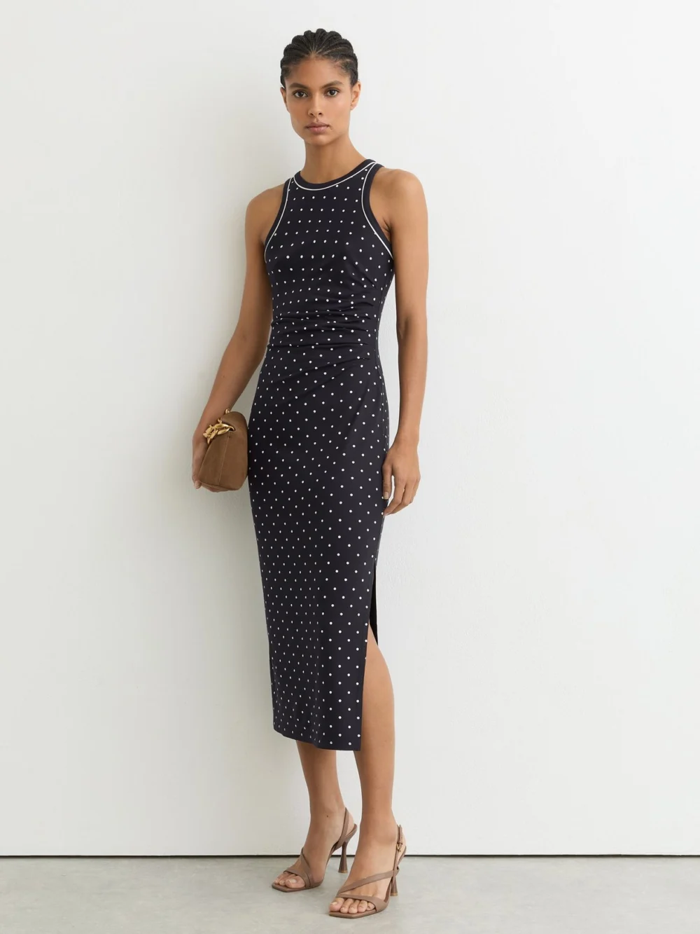 Reiss Lola Navy Polka-dot Jersey Racer Midi Dress, L in navy/cream