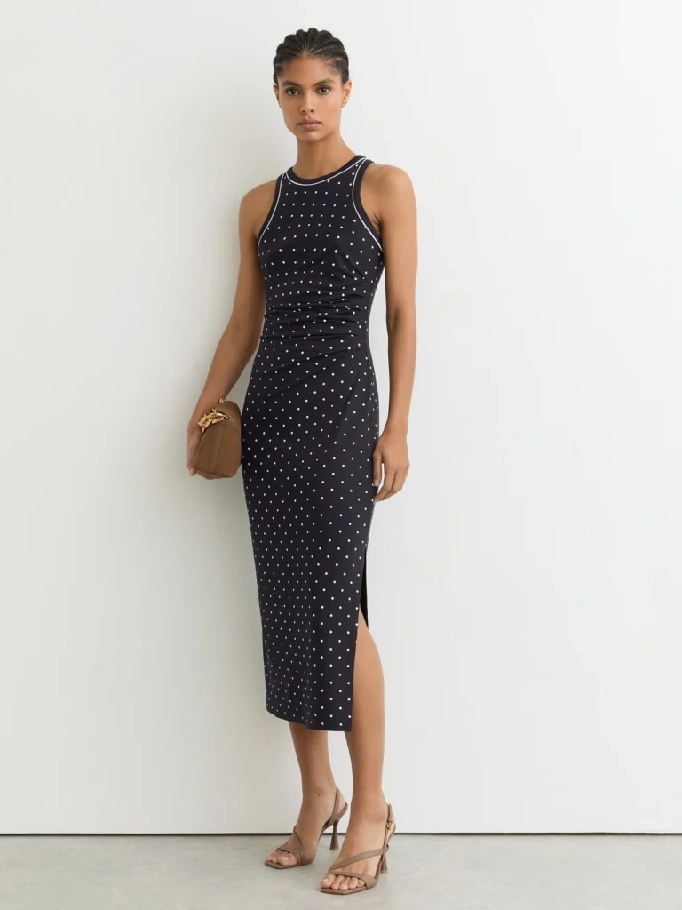 Reiss Lola Navy Polka-dot Jersey Racer Midi Dress, L