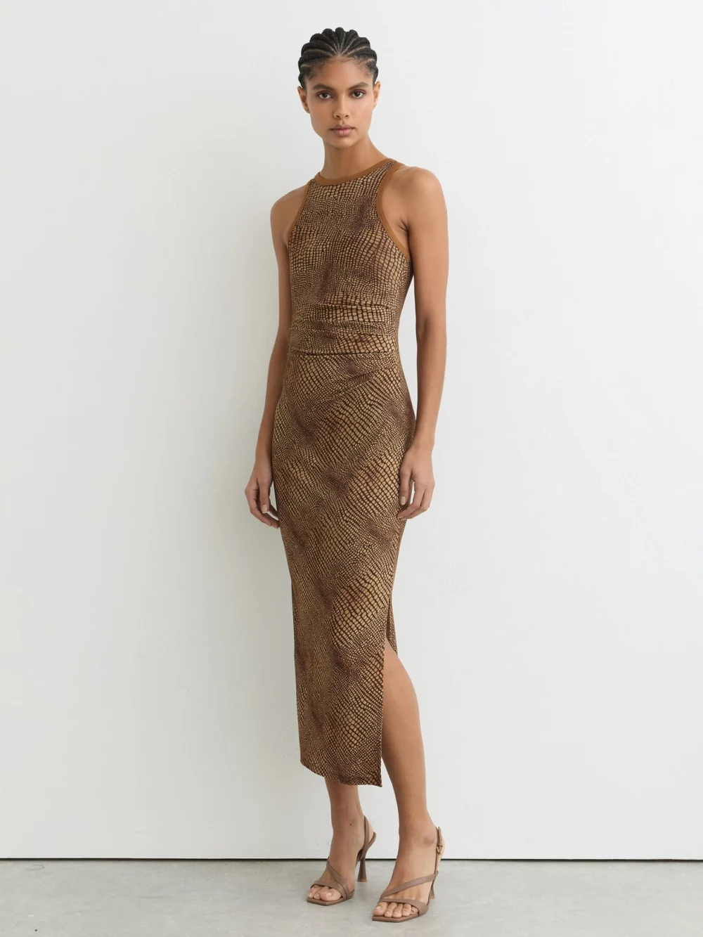 Reiss Lola Snake-print Brown Jersey Racer Midi Dress, XS in brown/beige