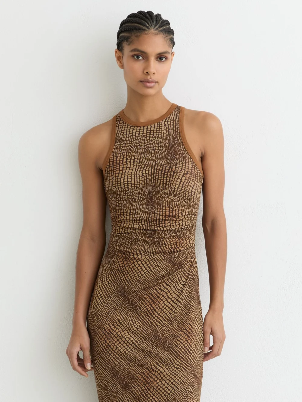 Reiss Lola Snake-print Brown Jersey Racer Midi Dress, XS, view 3