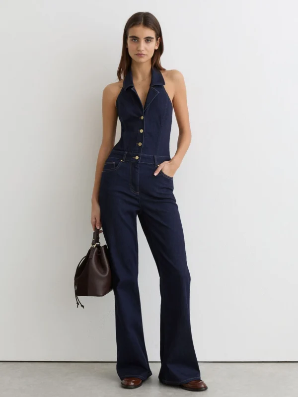 Reiss Lolita Indigo Blue Denim Halterneck Flared Jumpsuit, 10