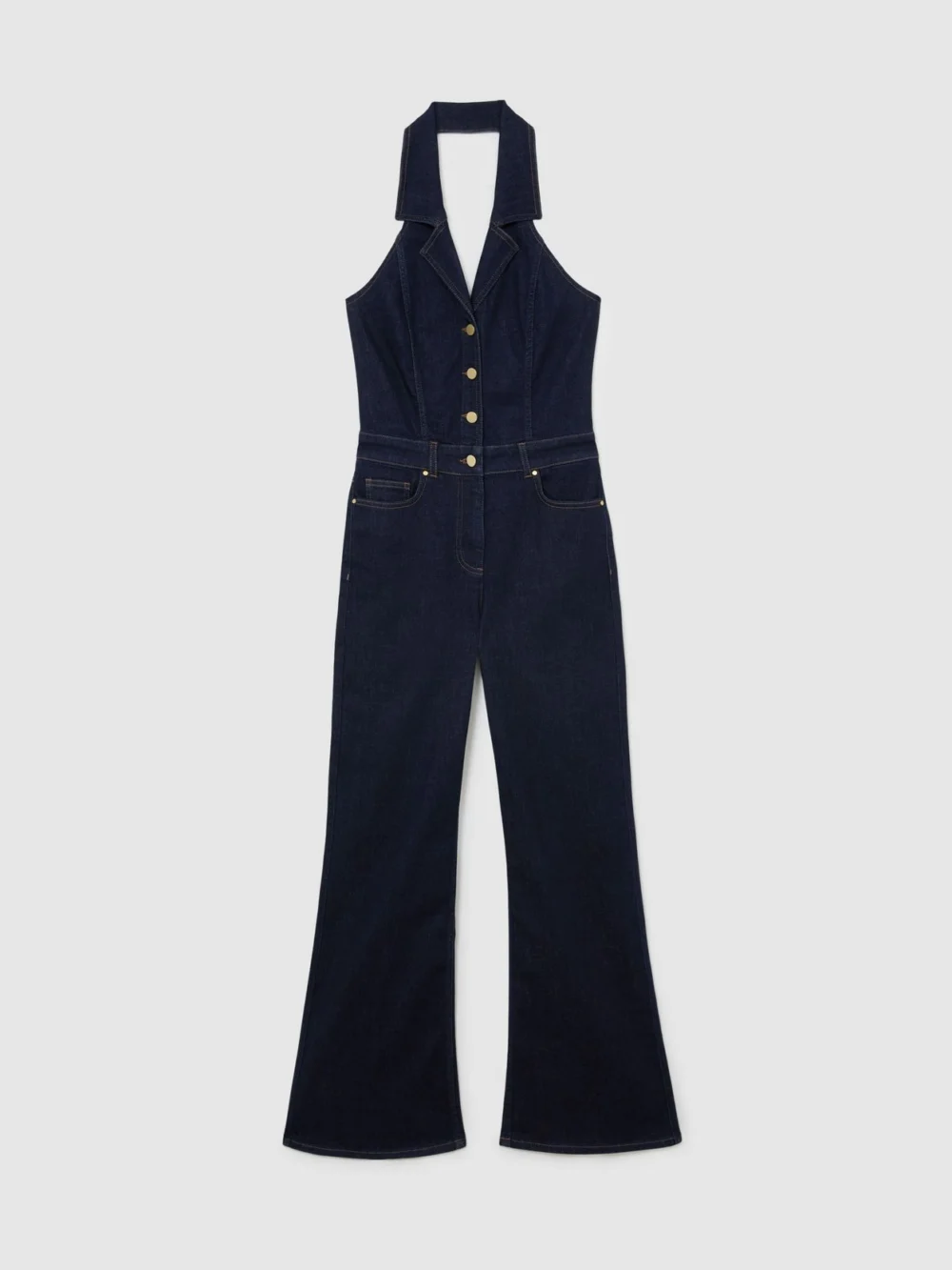 Reiss Lolita Indigo Blue Denim Halterneck Flared Jumpsuit, 10, view 2