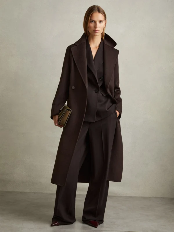 Reiss Lucia Chocolate Wool-blend Double-breasted Blindseam Coat, 10