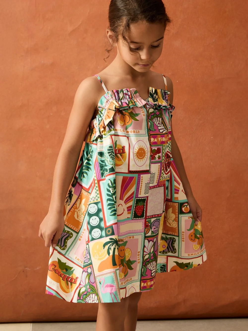 Reiss Lucia Multi 13-14 yrs Smileyworld | Motif-print Dress, Years, Orange & Green,, view 3