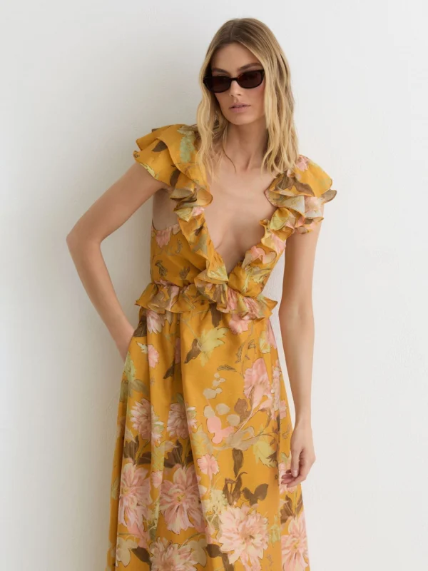 Reiss Lucy Yellow Floral-print Frill-trim Midi Dress, 4