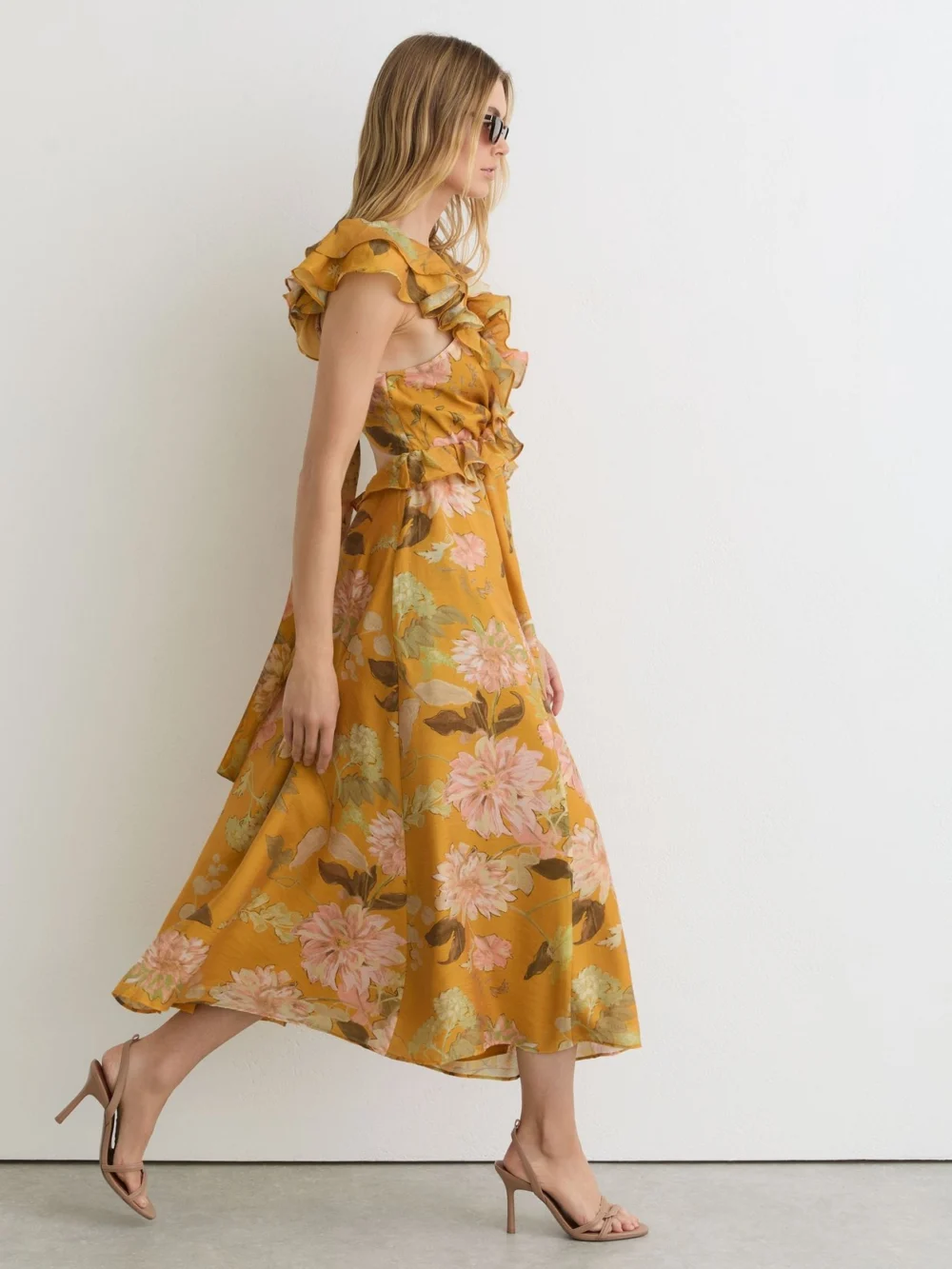 Reiss Lucy Yellow Floral-print Frill-trim Midi Dress, 4, view 3
