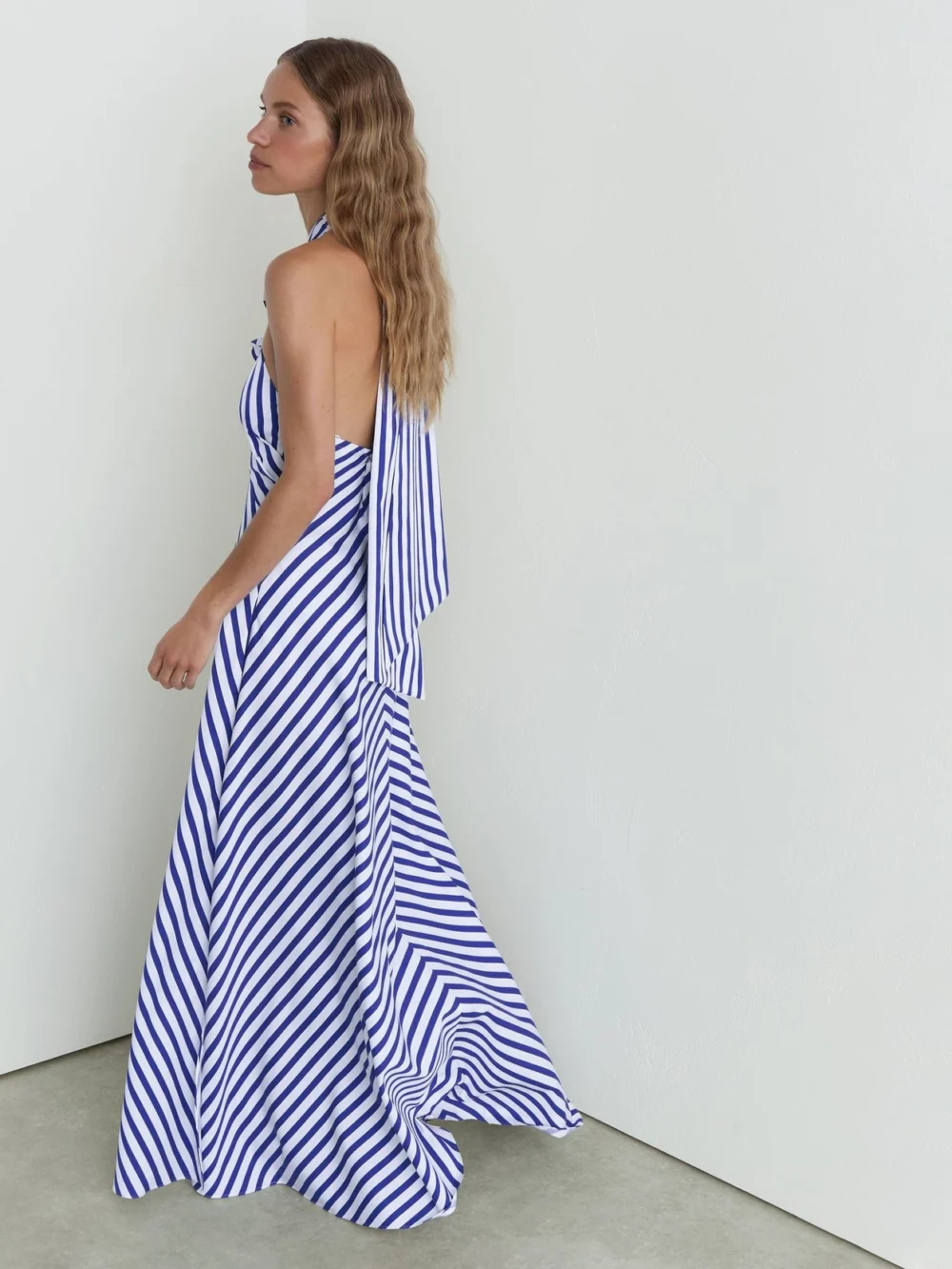 Reiss Luna Blue & Striped Halterneck Ruffle Maxi Dress, 18, view 4