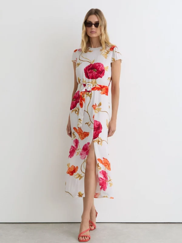 Reiss Lyra & Pink Floral-print Belted Midi Dress, 8