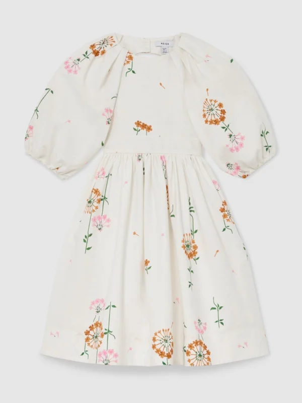Reiss Mae Multi Print Mae 13-14 yrs Floral-print Tie-back Midi Dress, Years, Cream & Orange & Pink,