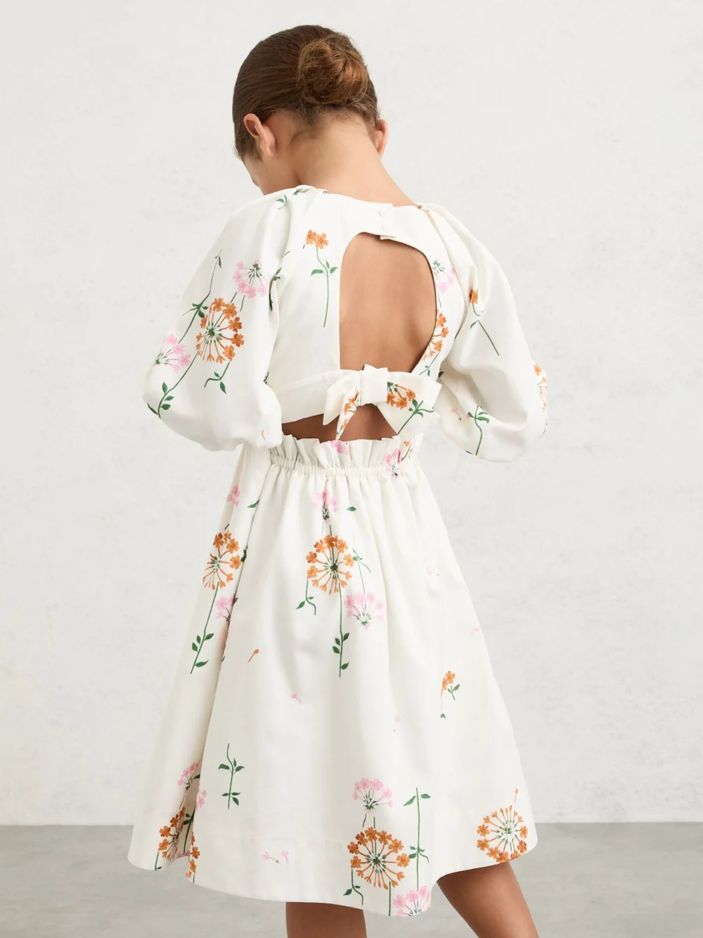 Reiss Mae Multi Print Mae 13-14 yrs Floral-print Tie-back Midi Dress, Years, Cream & Orange & Pink,, view 3