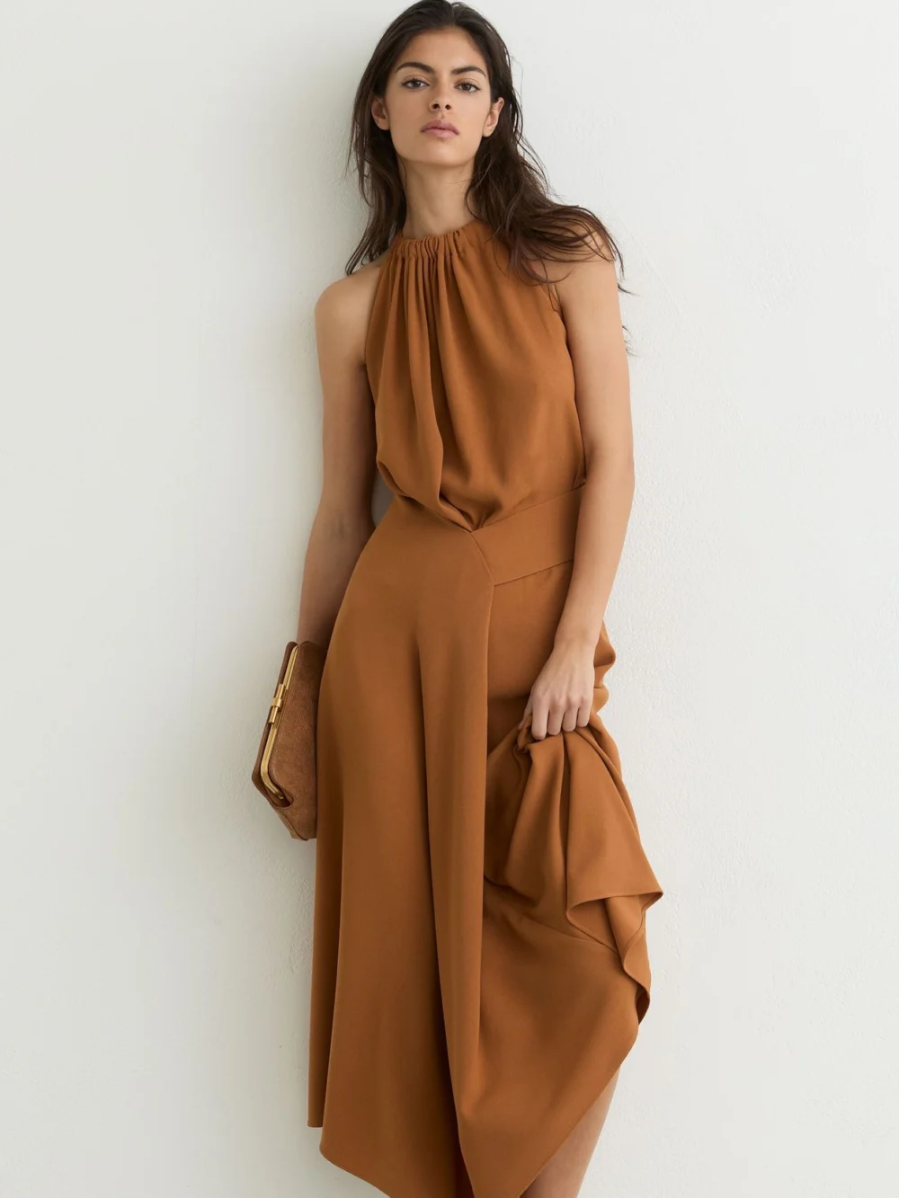 Reiss Maeve Rust Orange Drape-detail Sleeveless Midi Dress, view 4
