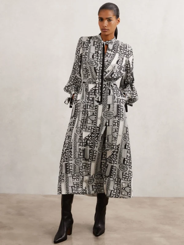 Reiss Marie Geometric-print Tie-neck Dress, 8