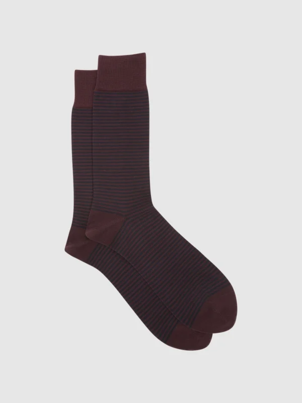 Reiss Mario Mens Red Cotton Bordeaux Stripe Striped Socks, Size: S & M