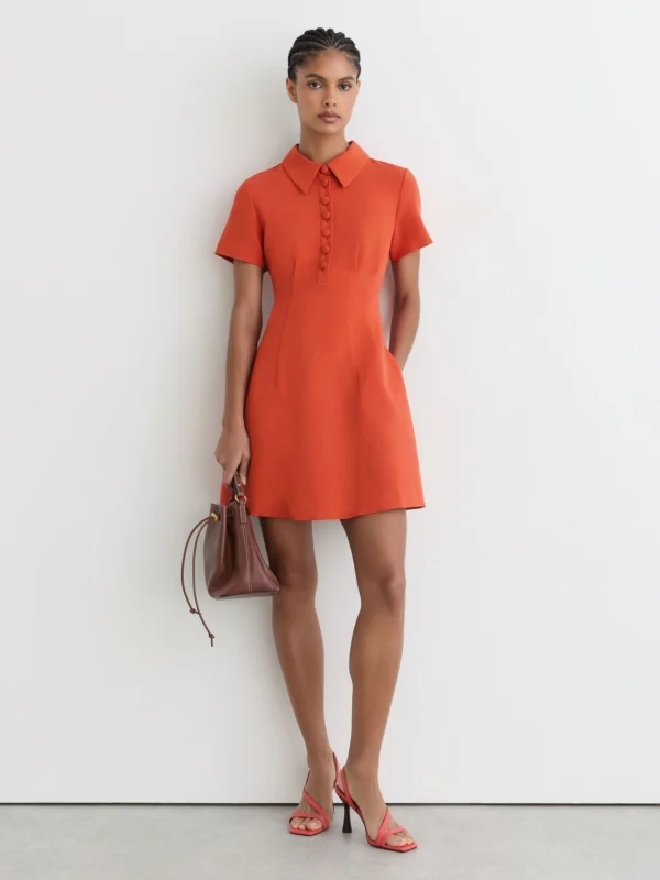 Reiss Marlie Coral Orange Half-button Flippy Mini Dress