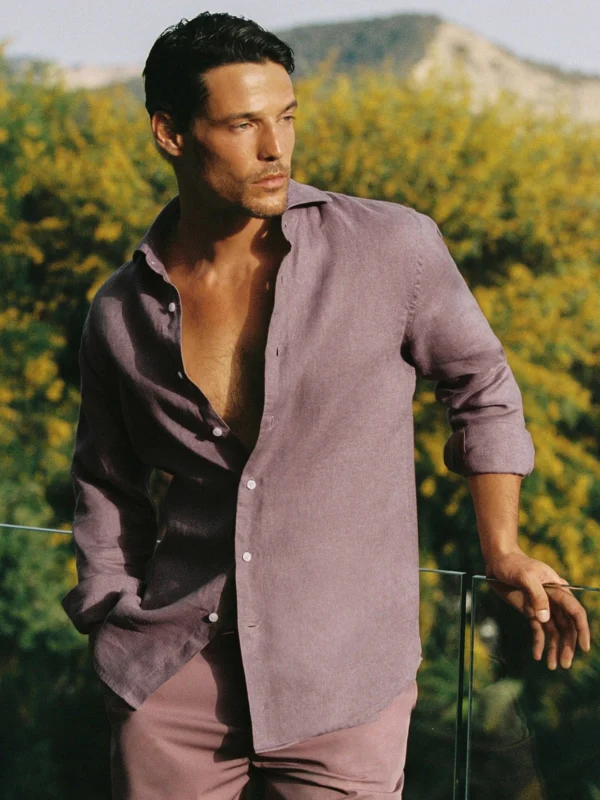 Reiss Mauve Pink Linen Regular-fit Long-sleeve Shirt