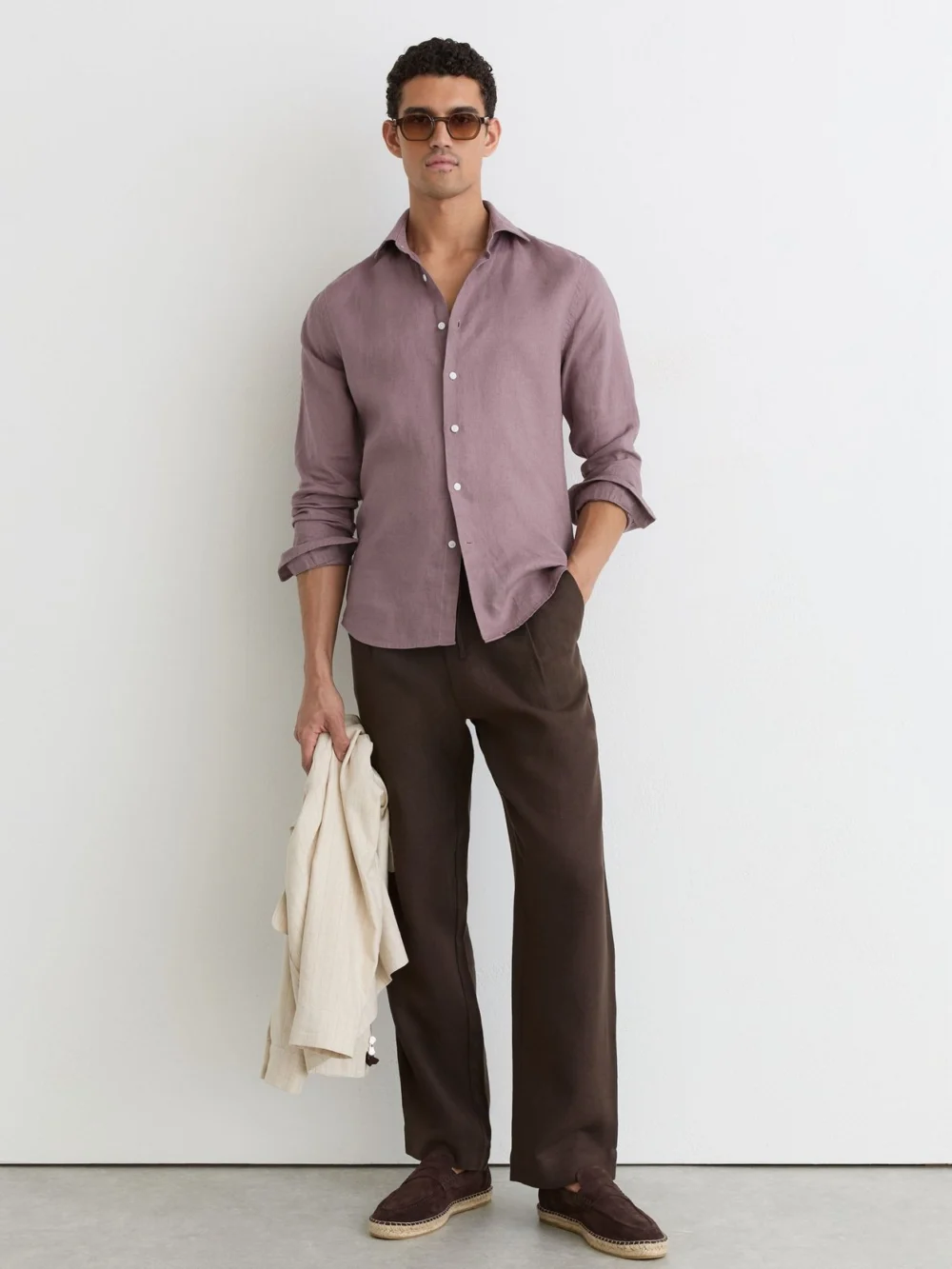 Reiss Mauve Pink Linen Regular-fit Long-sleeve Shirt, view 3