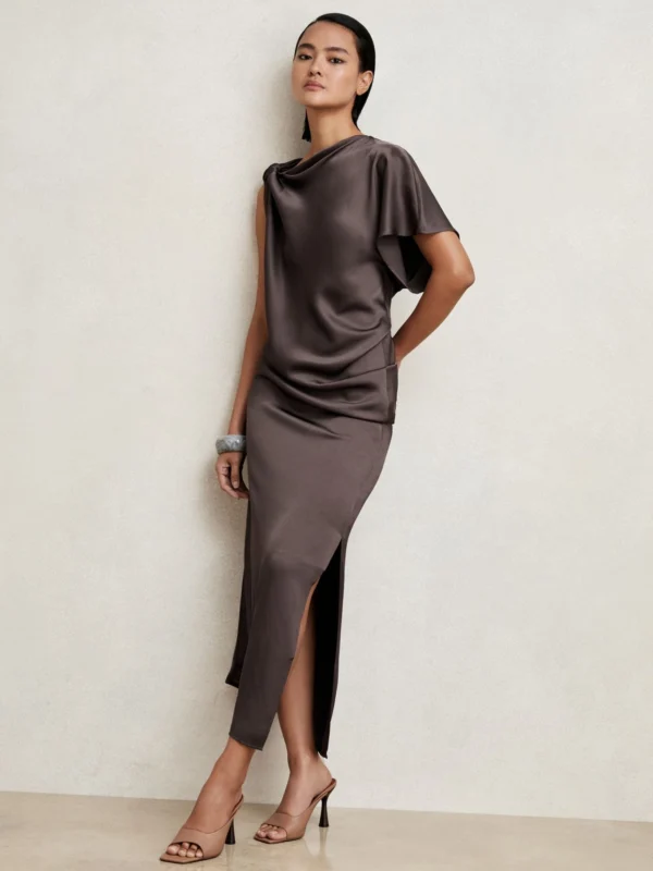 Reiss Mauve Satin Draped Asymmetric Midi Dress