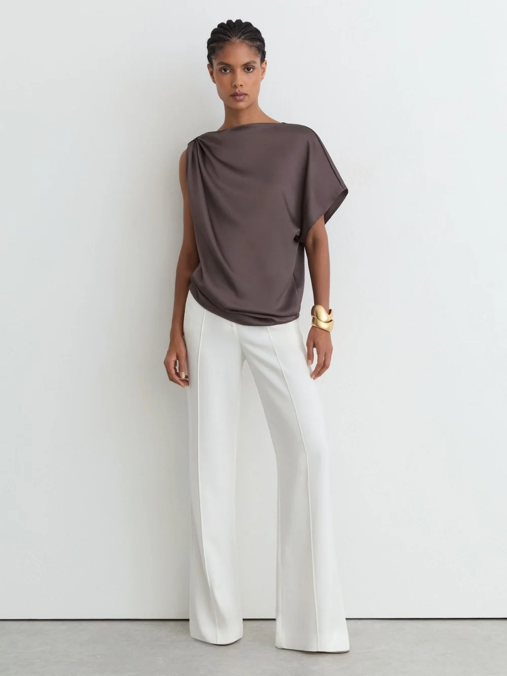 Reiss Mauve Satin Draped One-shoulder Top, view 4