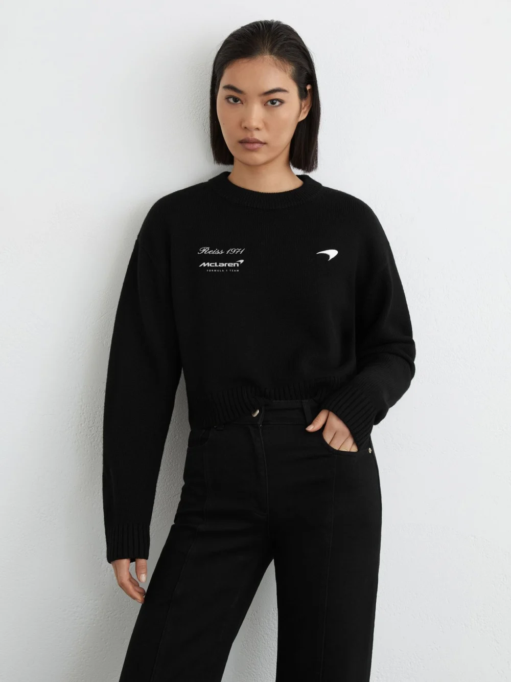 Reiss McLaren X McLaren F1 Team Black Racing Wool Cropped Jumper, view 3