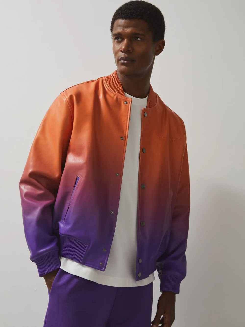 Reiss McLaren X McLaren F1 Team Papaya Orange & Purple Ombré Leather Jacket, view 3