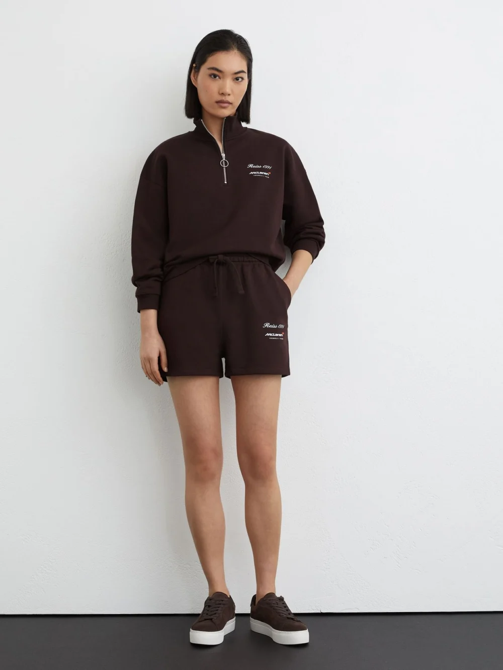 Reiss McLaren X McLaren F1 Team Racing Cotton Drawstring Shorts, Chocolate Brown