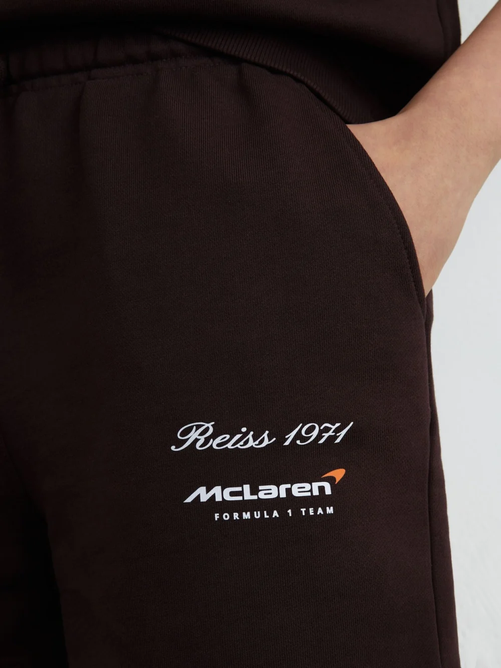 Reiss McLaren X McLaren F1 Team Racing Cotton Drawstring Shorts, Chocolate Brown, view 3