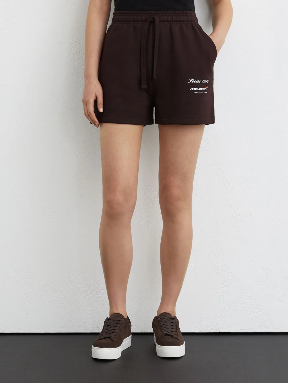 Reiss McLaren X McLaren F1 Team Racing Cotton Drawstring Shorts, Chocolate Brown, view 4