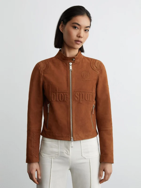 Reiss McLaren X McLaren F1 Team Racing Embossed Suede Jacket, Tobacco Brown