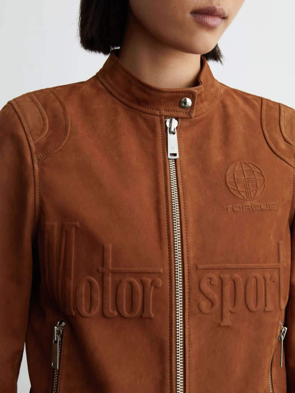 Reiss McLaren X McLaren F1 Team Racing Embossed Suede Jacket, Tobacco Brown, view 3
