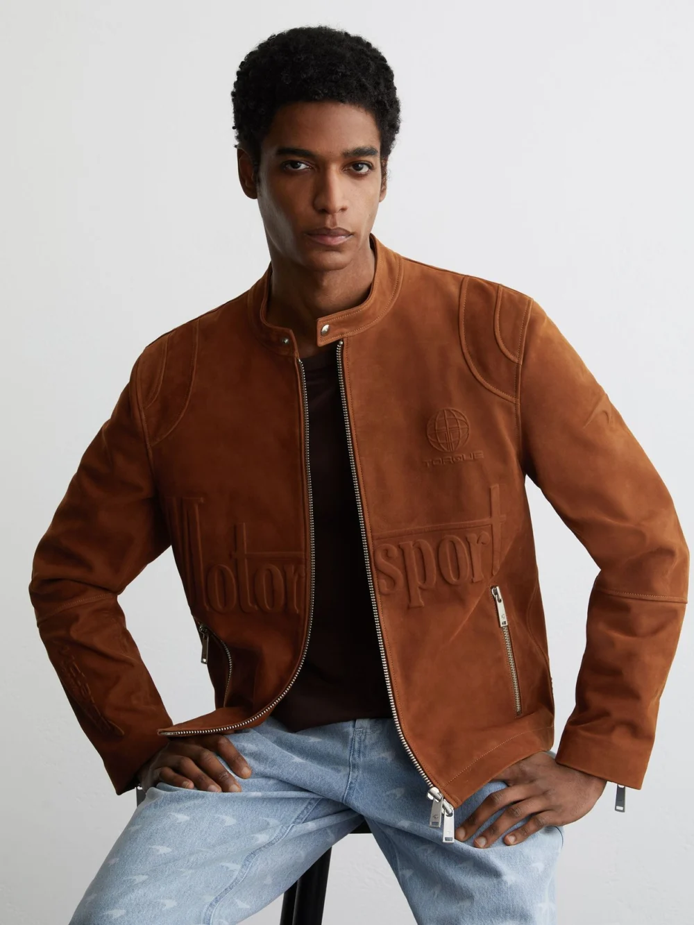 Reiss McLaren X McLaren F1 Team Tobacco Brown Racing Embossed Suede Jacket