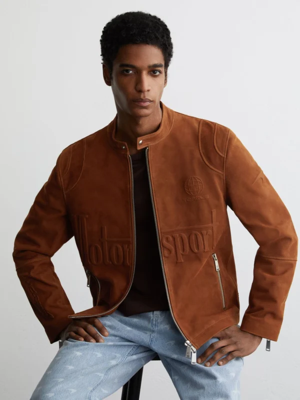 Reiss McLaren X McLaren F1 Team Tobacco Brown Racing Embossed Suede Jacket