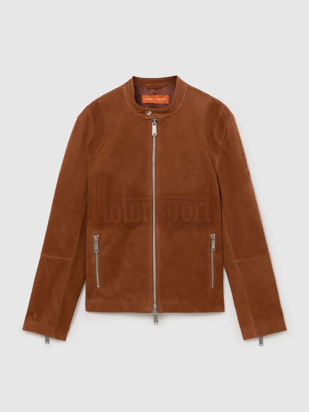 Reiss McLaren X McLaren F1 Team Tobacco Brown Racing Embossed Suede Jacket, view 2