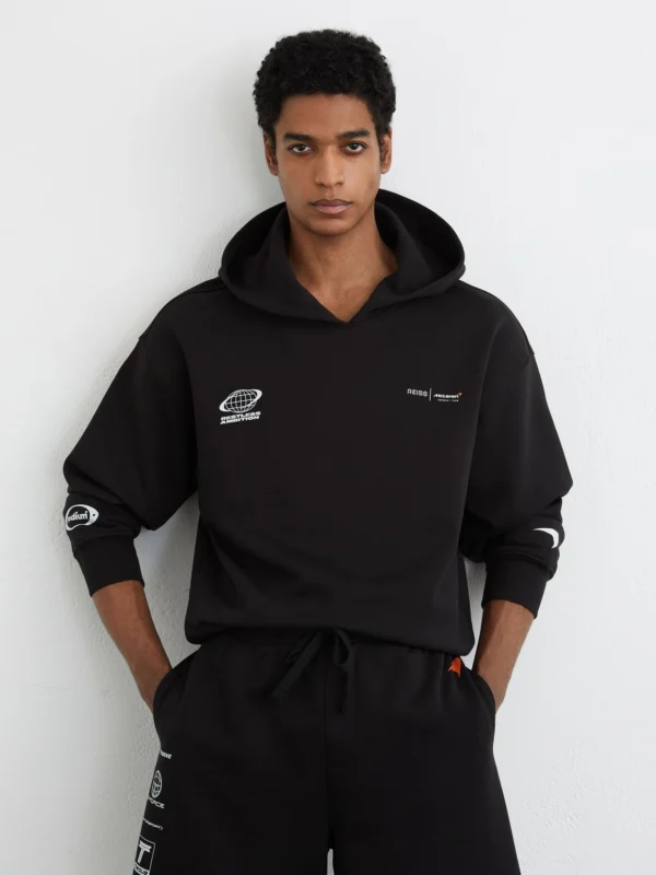 Reiss McLaren X McLaren F1 Team Washed Black Racing Heavyweight Motif Hoodie -fit