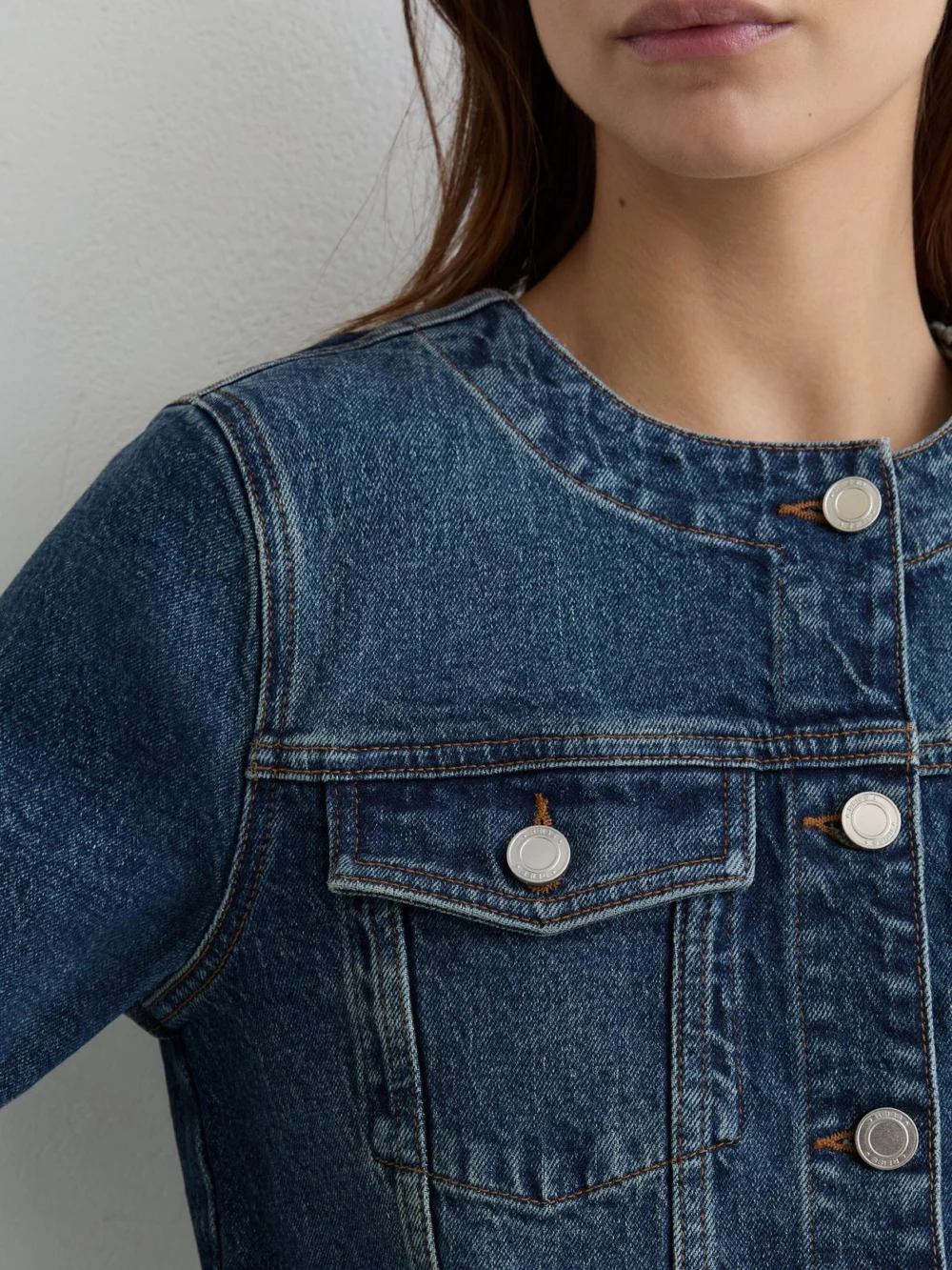 Reiss Mid Blue Collarless Cropped Jacket, view 3