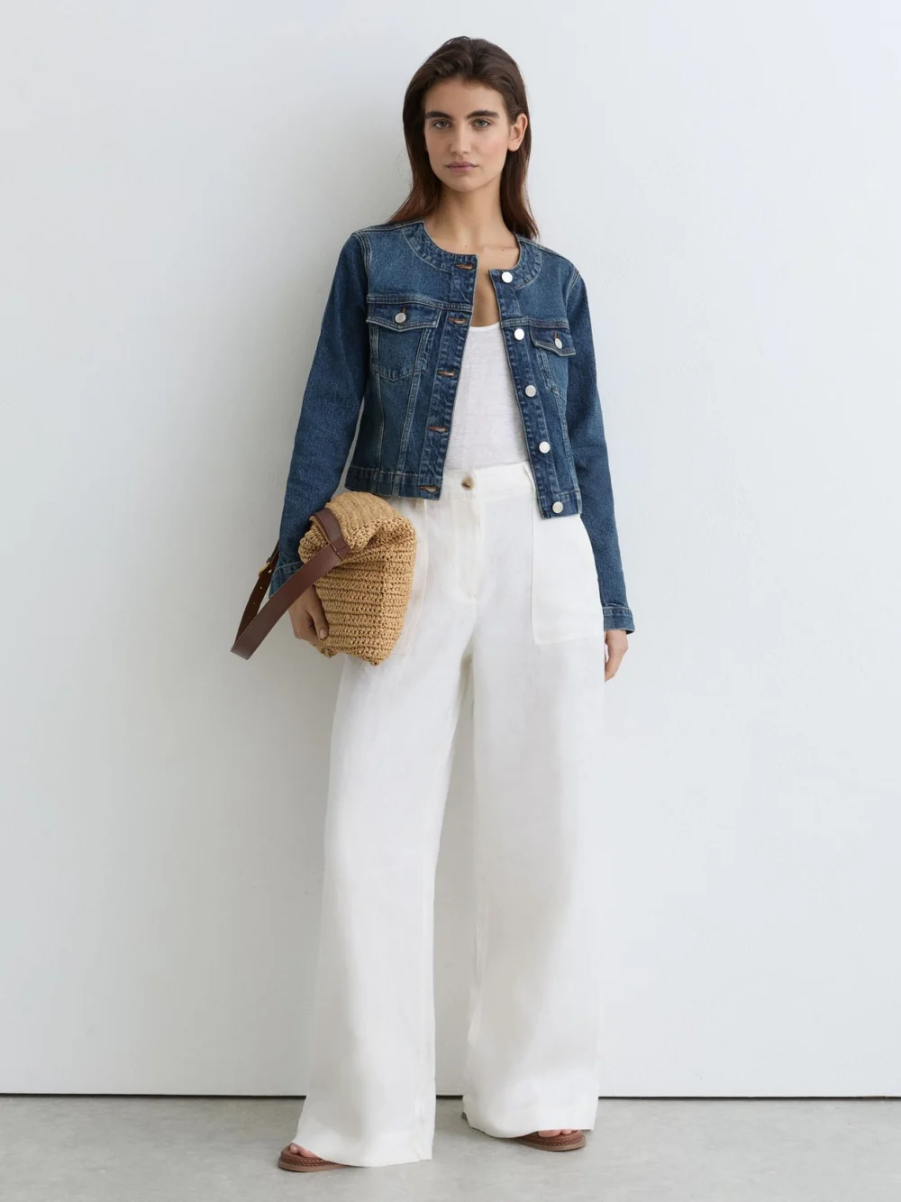 Reiss Mid Blue Collarless Cropped Jacket, view 4