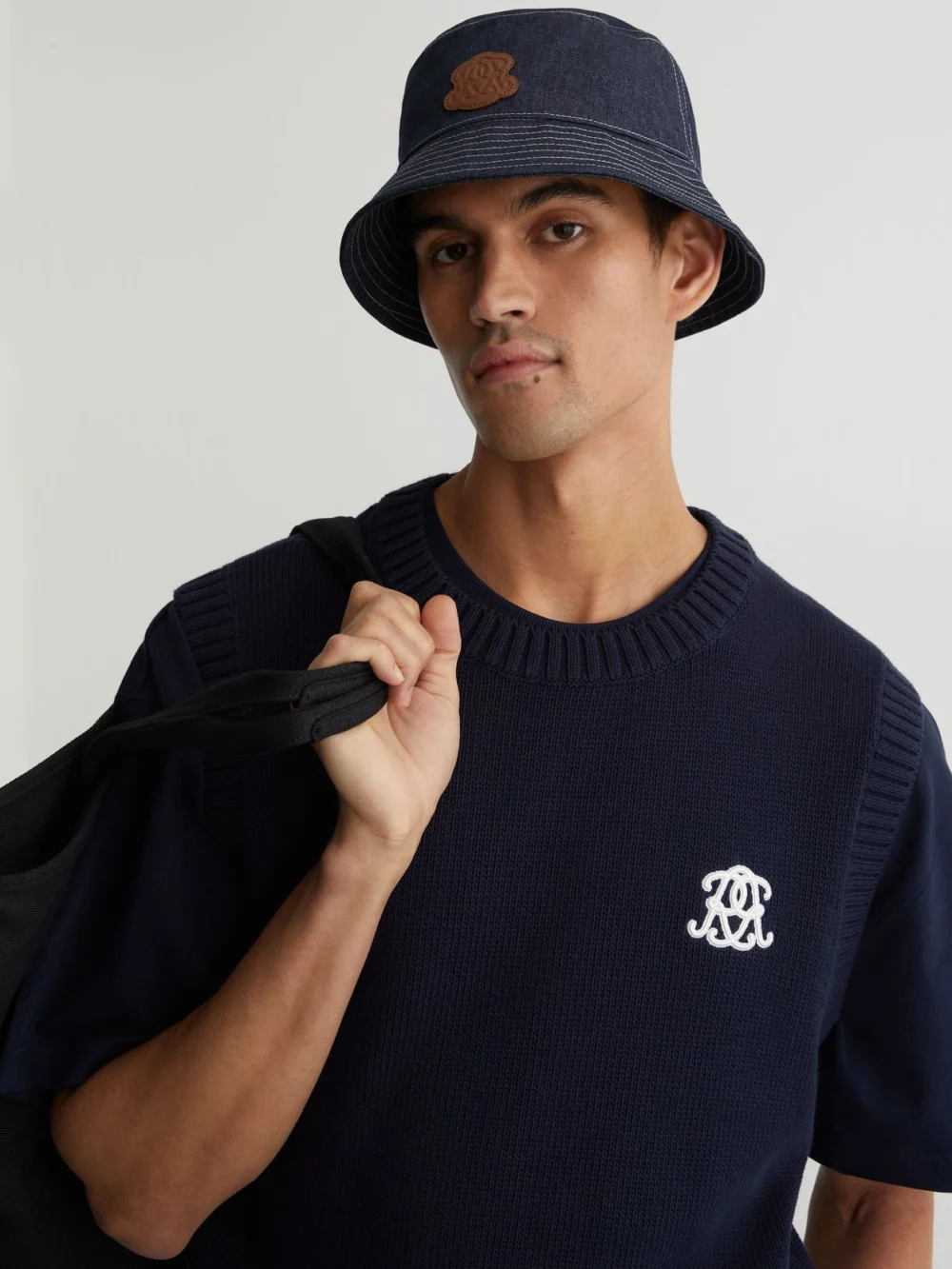 Reiss Mid Blue Monogram-patch Denim Bucket Hat,, view 2